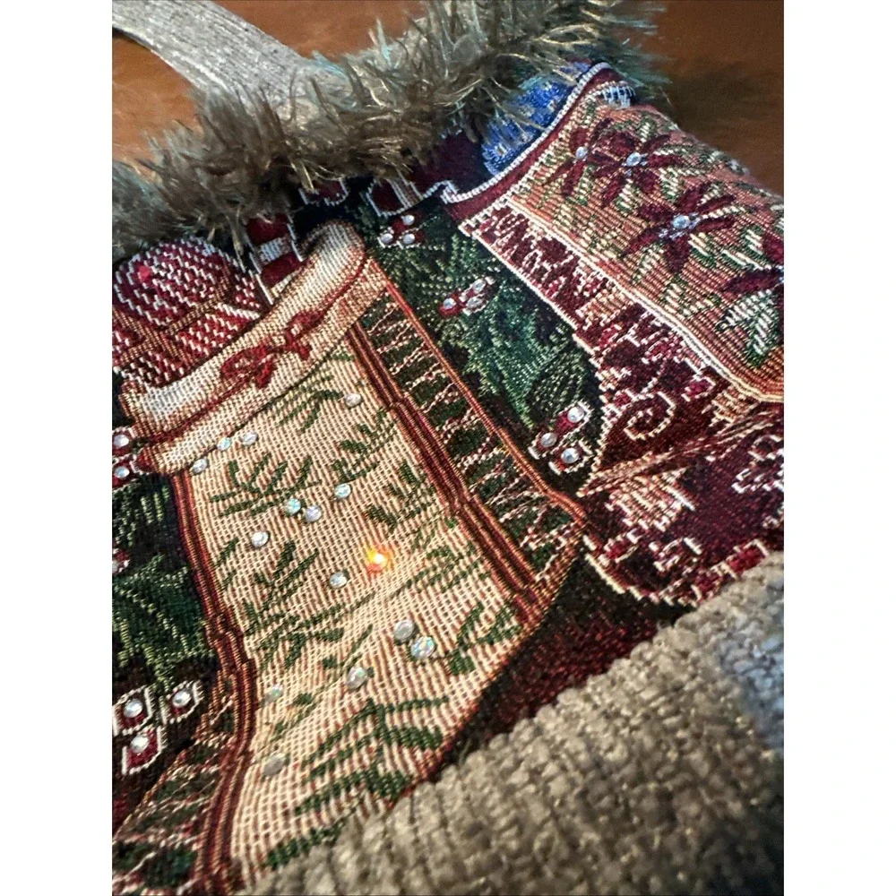 VTG Handmade Tapestry Christmas Tote Bag with Christmas Stockings And Bling